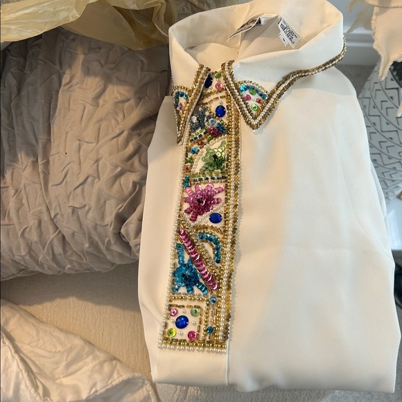 Vintage 1980s Oleg Cassini White Blouse with Multicolor Sequin Collar - Picture 7 of 7